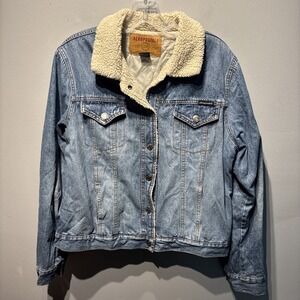 VTG  Aeropostale Denim Jean Trucker Jacket Sherpa Collar‎ Lined Y2K Biker Moto L